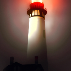 In the fog the lighthouse sits.